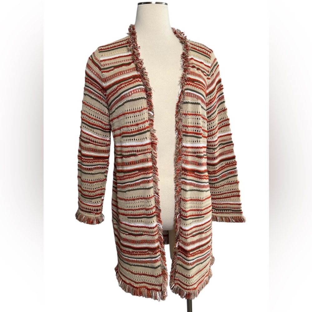 Chico's Textured Zigzag Cardigan Stripe Women’s Sweater Fringe Trim Size 1P